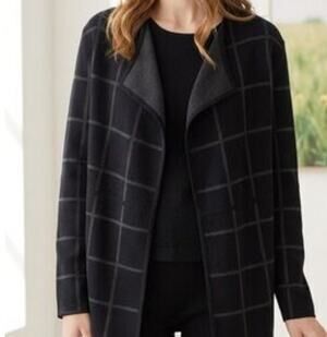 Eileen Fisher Cardigan Sweater S Organic Linen Windowpane Plaid Jacket Black